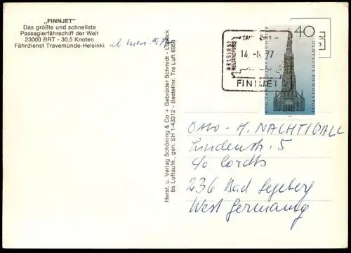 ÄLTERE POSTKARTE FÄHRE MS FINNJET SCHIFFSSTEMPEL FÄHRDIENST TRAVEMÜNDE HELSINKI ferry Schiff Motorschiff ship bateau AK