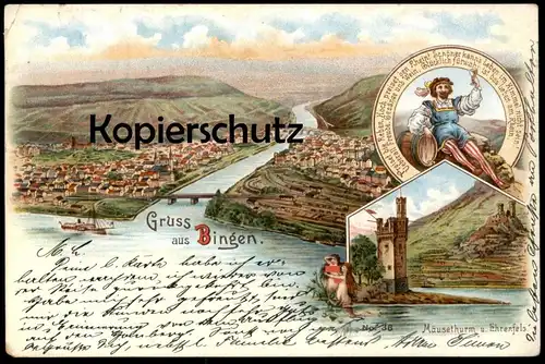 ALTE LITHO POSTKARTE GRUSS AUS BINGEN MÄUSETHURM & EHRENFELS NIXE ondine mermaid Meerjungfrau Brust nude breast postcard