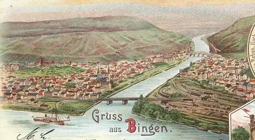 ALTE LITHO POSTKARTE GRUSS AUS BINGEN MÄUSETHURM & EHRENFELS NIXE ondine mermaid Meerjungfrau Brust nude breast postcard