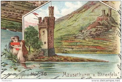 ALTE LITHO POSTKARTE GRUSS AUS BINGEN MÄUSETHURM & EHRENFELS NIXE ondine mermaid Meerjungfrau Brust nude breast postcard