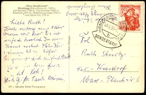 ALTE POSTKARTE HIRSCHEGG HAUS BERGHEIMAT 1953 SONNENLIEGEN SONNEN WALSERTAL Kleinwalsertal Ansichtskarte AK postcard cpa