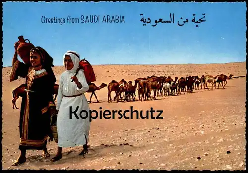 ÄLTERE POSTKARTE GREETINGS FROM SAUDI ARABIA women in tradtional costume camels Tracht Kamele Arabien cpa postcard AK