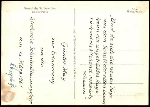 ÄLTERE POSTKARTE INNERES VON ST. SERVATIUS BRÜHL KIERBERG KIRCHE UNTERSCHRIFT PFARRER église Ansichtskarte cpa postcard