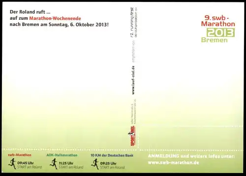 POSTKARTE SWB AOK MARATHON BREMEN 2013 VW KÄFER Volkswagen Ansichtskarte cpa postcard AK