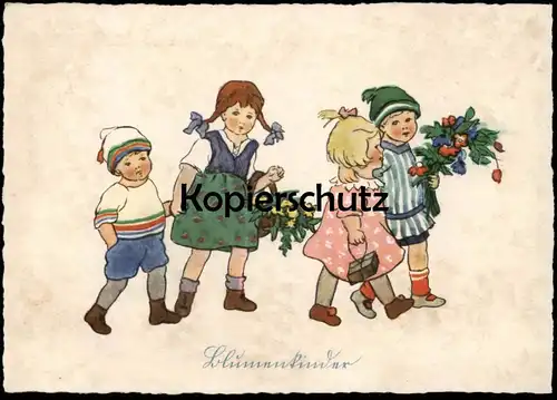 ALTE KÜNSTLER POSTKARTE BLUMENKINDER RENATE DRUDE Kinder Mädchen Jungen Blumen Geschenk Ansichtskarte AK cpa postcard