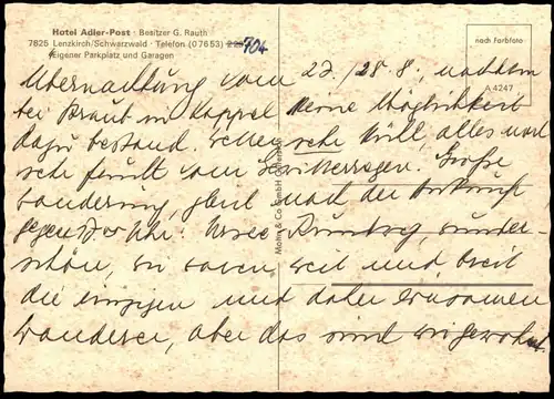 ÄLTERE POSTKARTE LENZKIRCH SCHWARZWALD HOTEL ADLER POST G. RAUTH EIGENER PARKPLATZ Teppich Uhr Ansichtskarte AK postcard