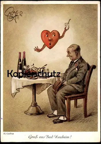 ÄLTERE POSTKARTE GRUSS AUS BAD NAUHEIM H. GEILTUS MAHNENDES HERZ WEIN ZIGARRE ALKOHOL wine heart coeur Ansichtskarte
