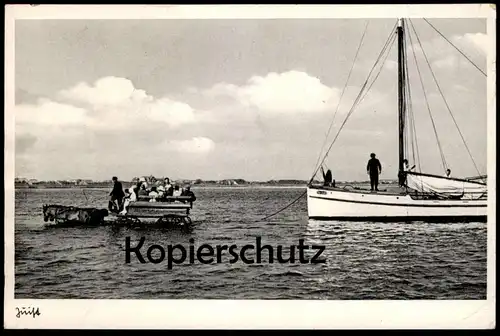 ALTE POSTKARTE NORDSEEBAD JUIST 1937 PFERDEKUTSCHE PFERDEWAGEN UND SEGLER SEGELSCHIFF Ansichtskarte postcard AK cpa