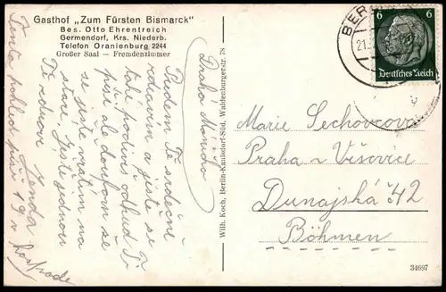 ALTE POSTKARTE GERMENDORF GASTHOF ZUM FÜRSTEN BISMARCK DORFPARTIE KIRCHE KREIS NIEDERBARNIM ORANIENBURG Ansichtskarte AK