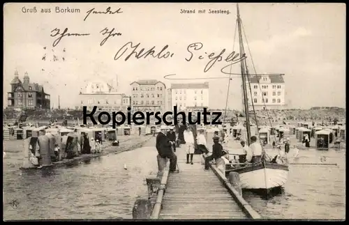 ALTE POSTKARTE NORDSEEBAD BORKUM STRAND MIT SEESTEG SEGLER BLICK AUF VILLEN beach plage postcard Ansichtskarte cpa AK
