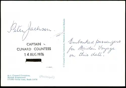 ÄLTERE POSTKARTE MS CUNARD COUNTESS KREUZFAHRTSCHIFF AUTOGRAPH CAPTAIN PETER JACKSON ship postcard Autogramm Maiden Voy.