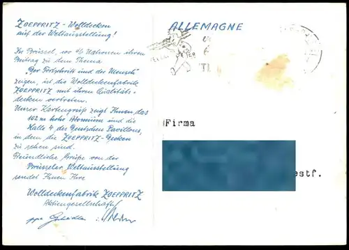 ALTE POSTKARTE ZOEPPRITZ WOLLDECKEN AUF DER WELTAUSSTELLUNG BRÜSSEL ATOMIUM HEIDENHEIM MERGELSTETTEN Ansichtskarte cpa