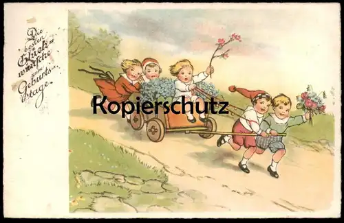ALTE KÜNSTLER POSTKARTE KINDER ZIEHEN KARREN MIT KINDERN BLUMEN STEMPEL SANDAU Mädchen Jungen Ansichtskarten AK postcard