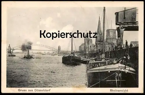ALTE POSTKARTE GRUSS AUS DÜSSELDORF RHEIN RHEINANSICHT FRACHTSCHIFF cargo ship Kran grue crane postcard Ansichtskarte