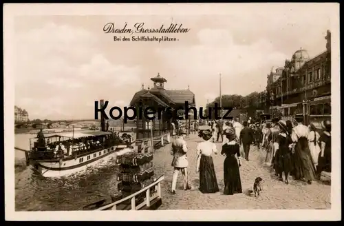 ALTE POSTKARTE DRESDEN BEI DEN SCHIFFSHALTEPLÄTZEN GROSSSTADTLEBEN HUND DACKEL FRAUEN women dog postcard Ansichtskarte