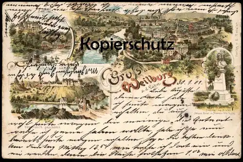 ALTE LITHO POSTKARTE GRUSS AUS WEILBURG AN DER LAHN DENKMAL GRAFEN NASSAU SCHLOSS VOR 300 JAHREN postcard Ansichtskarte