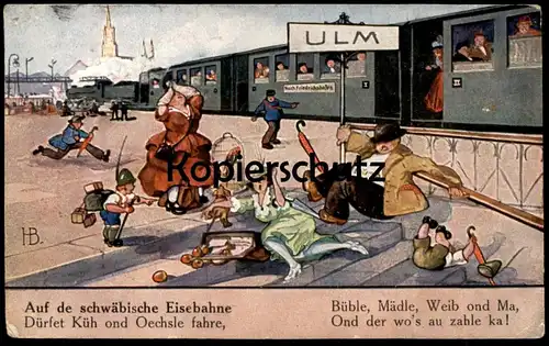 ALTE KÜNSTLER POSTKARTE ULM AUF DE SCHWÄBISCHE EISEBAHNE DÜRFET KÜH UND... sign. HB Eisenbahn Ansichtskarte postcard