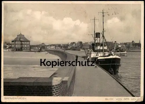 ALTE POSTKARTE BREMERHAVEN BLICK VON DER MOLE 1935 SCHIFF HOHEWEG Motorschiff Port harbour ship bateau postcard