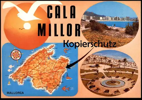 ÄLTERE POSTKARTE CALA MILLOR MALLORCA ISLAS BALEARES LANDKARTE Möwe map tarjeta postal postcard AK Ansichtskarte cpa