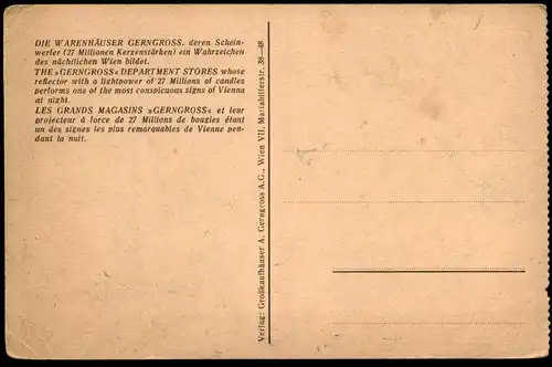 ALTE POSTKARTE WIEN WARENHÄUSER GERNGROSS SCHEINWERFER 27 MILLIONEN KERZENSTÄRKEN BEI NACHT Ansichtskarte postcard cpa