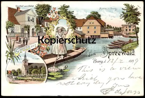 ALTE LITHO POSTKARTE GRUSS AUS DEM SPREEWALD BURG GASTHOF ZUM ADLER MÜHLE KIRCHE TRACHT Ansichtskarte postcard AK cpa
