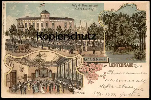 ALTE LITHO POSTKARTE GRUSS AUS LICHTENRADE BEI BERLIN WALD RESTAURANT CARL GUTHKE SAAL Kutsche Ansichtskarte postcard AK