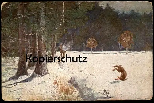 ALTE KÜNSTLER POSTKARTE  JAGD IM SCHNEE HASE JÄGER hunting chasse chase chasseur hunter Gewehr Wild cpa postcard AK