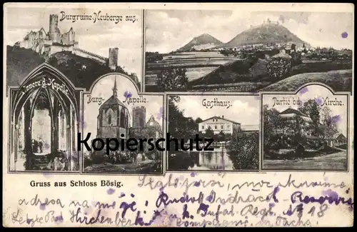 ALTE POSTKARTE GRUSS AUS SCHLOSS BÖSIG GASTHAUS BURG-KAPELLE PARTIE KIRCHE NEUBERGE BEZDEZ ceska republika cpa postcard