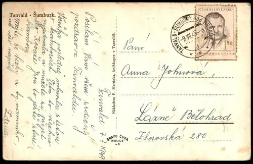 ALTE POSTKARTE TANVALD SUMBURK 1949 TANNWALD SCHUMBURG Ceska Tschechische Republik Ansichtskarte cpa postcard AK