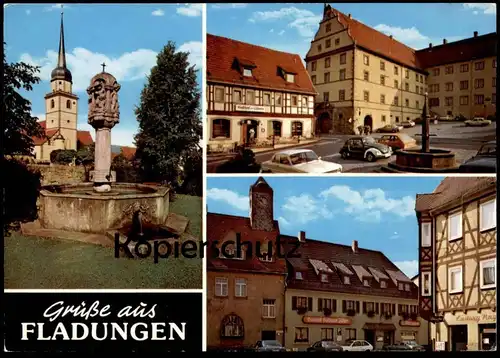 ÄLTERE POSTKARTE GRÜSSE AUS FLADUNGEN RHÖN KIRCHE RHÖNMUSEUM OBERE PFORTE VW KÄFER GASTHOF GOLDENER ADLER LÖWEN AK cpa