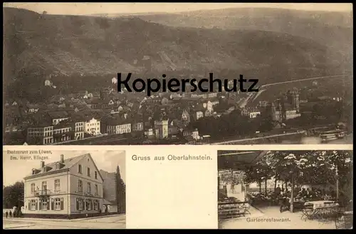 ALTE POSTKARTE GRUSS AUS OBERLAHNSTEIN RESTAURANT ZUM LÖWEN INH. HEINRICH HÜSGEN GARTENRESTAURANT Ansichtskarte postcard