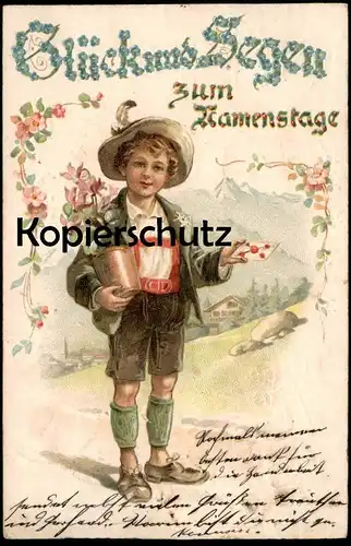 ALTE PRÄGE POSTKARTE GLÜCK UND SEGEN ZUM NAMENSTAGE JUNGE MIT BLUME KIND enfant child flowers Ansichtskarte postcard cpa