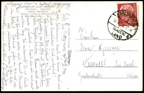 ALTE POSTKARTE KARLSRUHE HAGSFELD GASTSTÄTTE ZUM LINDERHOF EIGENE METZGEREI INH. LUDWIG WEGMANN Ansichtskarte postcard