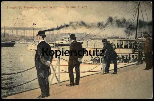 ALTE POSTKARTE HAMBURG HAFENPARTIE MIT WERFT BLOHM + VOSS HAFEN Dampfer Schiff ship Ansichtskarte postcard Bahnpost AK