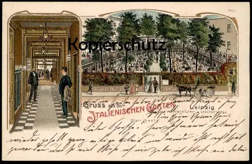 ALTE LITHO POSTKARTE LEIPZIG GRUSS AUS DEM ITALIENISCHEN GARTEN CARL BAETZ FRANKFURTER U. LESSINGSTRASSE Italienischer