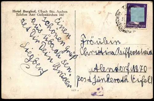 ALTE POSTKARTE ÜBACH PALENBERG MIT HOTEL BURGHOF 1943 TELEFON AMT GEILENKIRCHEN Ansichtskarte AK cpa postcard