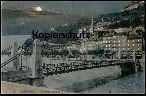 ALTE POSTKARTE GRENOBLE LE PONT SUPENDU ET LE QUAI PERRIÈRE MONDSCHEIN BEI NACHT LA NUIT LUNE night moon postcard cpa