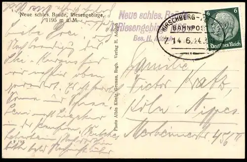 ALTE POSTKARTE NEUE SCHLESISCHE BAUDE BESITZER H. ALDOPH RIESENGEBIRGE BAHNPOST HIRSCHBERG Szklarska Schlesien postcard