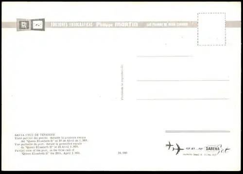 ÄLTERE POSTKARTE SANTA CRUZ DE TENERIFE KREUZFAHRTSCHIFF QUEEN ELISABETH II 26.04. 1969 Teneriffa Schiff ship postcard