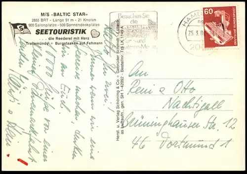 ÄLTERE POSTKARTE M/S BALTIC STAR FÄHRSCHIFF FÄHRE SEETOURISTIK TRAVEMÜNDE & BURGSTAAKEN ferry Schiff Motorschiff ship AK