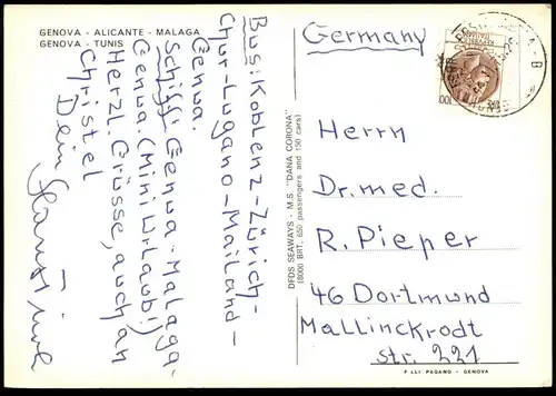 ÄLTERE POSTKARTE DFDS SEAWAYS DANA CORONA GENOVA ALICANTE MALAGA FÄHRSCHIFF FÄHRE ferry Schiff Motorschiff ship bateau