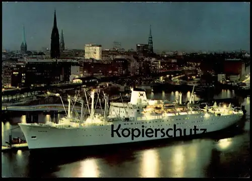 ÄLTERE POSTKARTE HAMBURG HAFEN UND STADTPANORAMA BEI NACHT FÄHRE SCHIFF PASTEUR ship at night port bateau postcard cpa