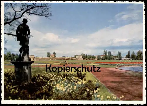 ALTE POSTKARTE KASSEL KARLSWIESE UND ORANGERIE BUNDESGARTENSCHAU MAI - OKTOBER 1955 BUGA Skulptur Ansichtskarte postcard