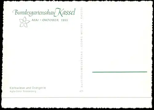 ALTE POSTKARTE KASSEL KARLSWIESE UND ORANGERIE BUNDESGARTENSCHAU MAI - OKTOBER 1955 BUGA Skulptur Ansichtskarte postcard