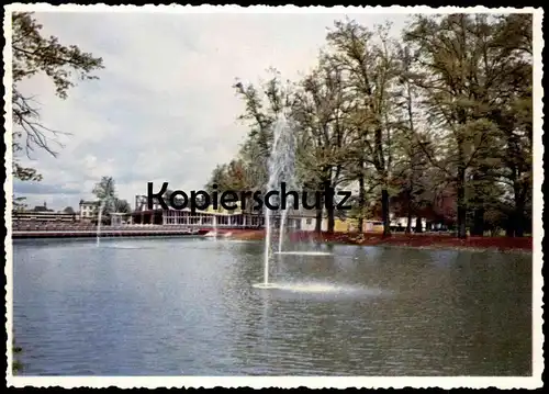 ALTE POSTKARTE KASSEL WASSERSPIELE MIT HAUPTGASTSTÄTTE UND ORANGERIE BUNDESGARTENSCHAU MAI - OKTOBER 1955 BUGA AK cpa