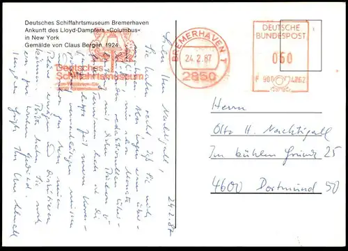 ÄLTERE POSTKARTE LLOYD DAMPFER COLUMBUS IN NEW YORK SCHIFFAHRTSMUSEUM BREMERHAVEN CLAUS BERGEN 1924 Schiff ship postcard