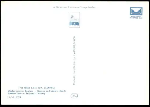 ÄLTERE POSTKARTE MS M.V. BLENHEIM FRED OLSEN LINES PASSAGIERFÄHRE ENGLAND MADEIRA & CANARY ISLANDS Schiff ship postcard