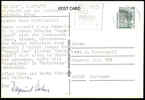 ÄLTERE FOTO POSTKARTE M.S. EL JEM SCHELDE 14.08.1994 FRACHTSCHIFF Schiff cargo ship postcard photo Ansichtskarte AK