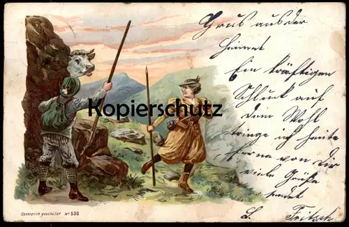 ALTE LITHO POSTKARTE GRUSS AUS DEN BERGEN KUH WANDERER cow vache Montagnes Humor Humour Ansichtskarte AK cpa postcard