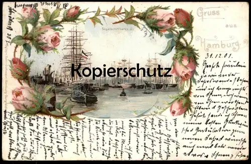 ALTE JUGENDSTIL LITHO POSTKARTE HAMBURG SEGELSCHIFFHAFEN SEGELSCHIFFE Schiffe Schiff sailing ship Ansichtskarte postcard
